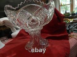 Vintage sawtooth Crystal Punch Bowl Ornate pressed With Stand/unusual eye design
