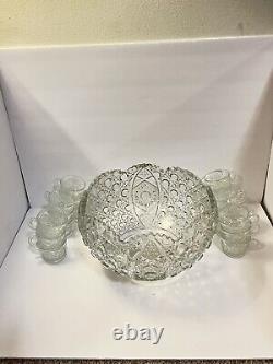 Vitg Clear Glass Punch Bowl With18 Cups, L. E. Smith Daisy Hobstar & Button 12.75