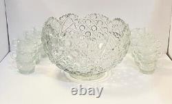 Vitg Clear Glass Punch Bowl With18 Cups, L. E. Smith Daisy Hobstar & Button 12.75