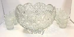 Vitg Clear Glass Punch Bowl With18 Cups, L. E. Smith Daisy Hobstar & Button 12.75