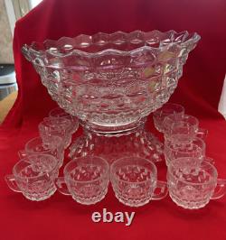 Vitg Fostoria American Clear Glass Cubist 14 Punch Bowl With Base And 10 Cups
