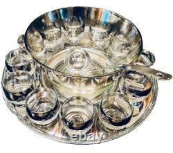 Vitreon Queens Lusterware Silver Rim Punch Bowl 12 Glasses Tray Ladle Set
