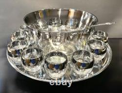 Vitreon Queens Lusterware Silver Rim Punch Bowl 12 Glasses Tray Ladle Set