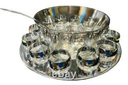 Vitreon Queens Lusterware Silver Rim Punch Bowl 12 Glasses Tray Ladle Set