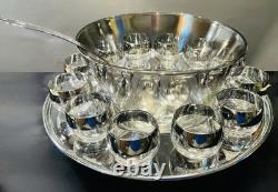 Vitreon Queens Lusterware Silver Rim Punch Bowl 12 Glasses Tray Ladle Set