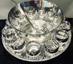 Vitreon Queens Lusterware Silver Rim Punch Bowl 12 Glasses Tray Ladle Set