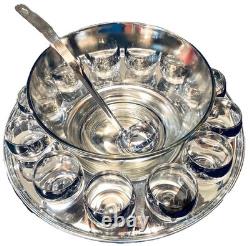 Vitreon Queens Lusterware Silver Rim Punch Bowl 12 Glasses Tray Ladle Set