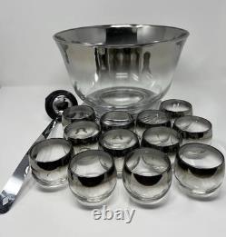 Vitreon Queens Lusterware Silver Rim Punch Bowl 12 Glasses Tray Ladle Set