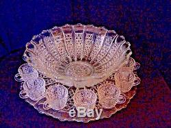 Vnt EAPG Glass Punch Bowl/Cups/Tray Tiffin Franciscan Bristol Diamond Wedding