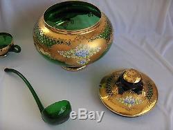 Vntg 9 Pc Italy Hand Blown Murano Green Art Glass Punch Bowl Set 22 K Gold Trim