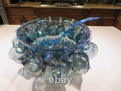 Vntg Indiana Princess Blue Carnival Glass Punch Bowl Set 12 Cups, Ladle, Hooks