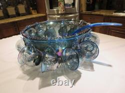Vntg Indiana Princess Blue Carnival Glass Punch Bowl Set 12 Cups, Ladle, Hooks