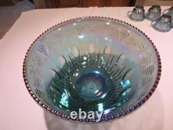 Vntg Indiana Princess Blue Carnival Glass Punch Bowl Set 12 Cups, Ladle, Hooks