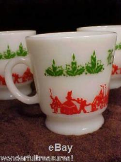 Vntg Milk Glass CHRISTMAS Egg Nog Punch Bowl & Mug Set Horses & Carriage Design