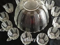 Vtg. 15 pc DEW DROP Pattern Jeanette GLASS PUNCH BOWL SET With13 CUPS