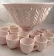 Vtg 1958 Jeannette Feather Shell Pink Milkglass Complete Punch Bowl Set EXC