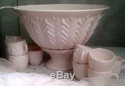 Vtg 1958 Jeannette Feather Shell Pink Milkglass Complete Punch Bowl Set EXC
