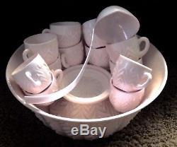 Vtg 1958 Jeannette Feather Shell Pink Milkglass Complete Punch Bowl Set EXC