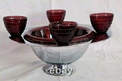 Vtg 30's Hazel Atlas Purple Amethyst Punch Bowl Chrome Art Deco Moderntone Cups