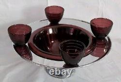 Vtg 30's Hazel Atlas Purple Amethyst Punch Bowl Chrome Art Deco Moderntone Cups