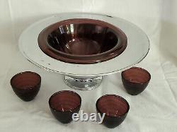 Vtg 30's Hazel Atlas Purple Amethyst Punch Bowl Chrome Art Deco Moderntone Cups