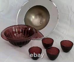 Vtg 30's Hazel Atlas Purple Amethyst Punch Bowl Chrome Art Deco Moderntone Cups