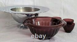 Vtg 30's Hazel Atlas Purple Amethyst Punch Bowl Chrome Art Deco Moderntone Cups