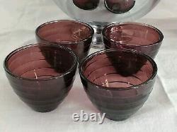 Vtg 30's Hazel Atlas Purple Amethyst Punch Bowl Chrome Art Deco Moderntone Cups