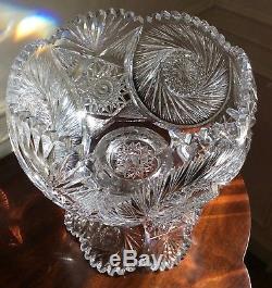 Vtg Antique American Brilliant Period Hand Deep Cut Glass Pedestal Punch Bowl