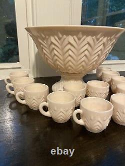 Vtg Antique Jeannette Pink Milk Glass Punch Bowl Set Pedestal & 12 Handled Cups