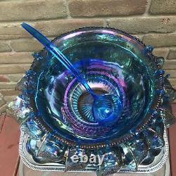 Vtg CARNIVAL GLASS Iridescent Blue Grape Harvest Punch Bowl Set Cups w Laddle
