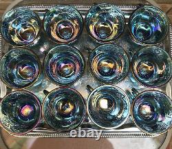 Vtg CARNIVAL GLASS Iridescent Blue Grape Harvest Punch Bowl Set Cups w Laddle
