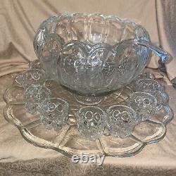 Vtg Clear Glass 12D Punch Bowl With 21 underplate 12 Cups-Glass Ladle-BASE