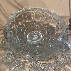 Vtg Clear Glass 12D Punch Bowl With 21 underplate 12 Cups-Glass Ladle-BASE
