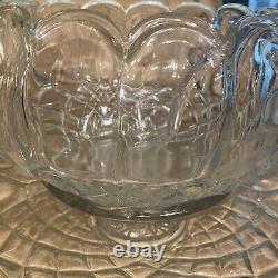 Vtg Clear Glass 12D Punch Bowl With 21 underplate 12 Cups-Glass Ladle-BASE