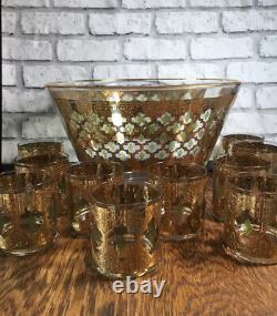 Vtg Culver Glass Valencia Punch Bowl 10 glasses Gold Overlay Hollywood Regency