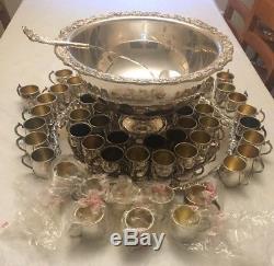 Vtg FB Rogers Silverplate Lg Grapevine Punchbowl Set, 60 Punch Glasses Ladle Etc