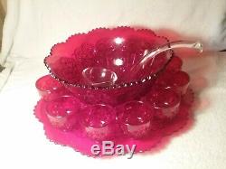 Vtg FENTON / L. G. WRIGHT Daisy & Button Ruby Red 15 pcs. Punch Bowl Set EC