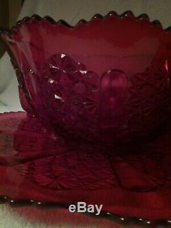 Vtg FENTON / L. G. WRIGHT Daisy & Button Ruby Red 15 pcs. Punch Bowl Set EC