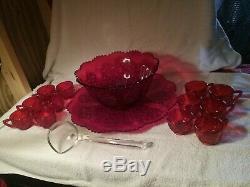 Vtg FENTON / L. G. WRIGHT Daisy & Button Ruby Red 15 pcs. Punch Bowl Set EC