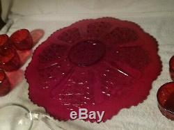 Vtg FENTON / L. G. WRIGHT Daisy & Button Ruby Red 15 pcs. Punch Bowl Set EC