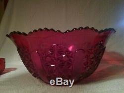 Vtg FENTON / L. G. WRIGHT Daisy & Button Ruby Red 15 pcs. Punch Bowl Set EC