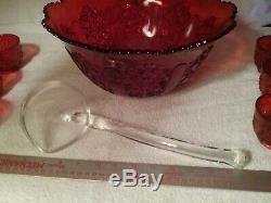 Vtg FENTON / L. G. WRIGHT Daisy & Button Ruby Red 15 pcs. Punch Bowl Set EC