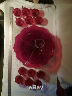 Vtg FENTON / L. G. WRIGHT Daisy & Button Ruby Red 15 pcs. Punch Bowl Set EC