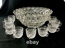 Vtg FOSTORIA AMERICAN CLEAR Punch Bowl 14- 15 Cups Pressed Glass Heavy USA Cube