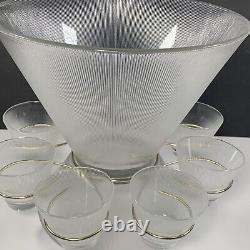 Vtg Federal Glass Norse Fine Ribbed Prismatic Punch & Serving Bowls 8 Glasses