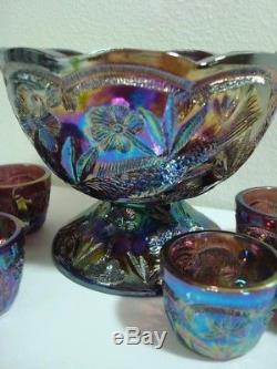 Vtg Fenton Encore Fish Carnival Glass Punch Bowl Set