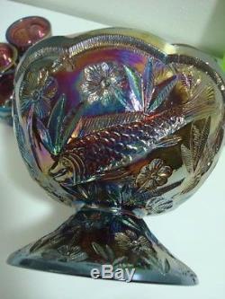 Vtg Fenton Encore Fish Carnival Glass Punch Bowl Set