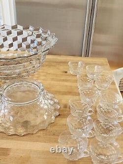 Vtg Fostoria American Glassware 19 Clear Punch Bowl Large Deep Cubist stand/cups