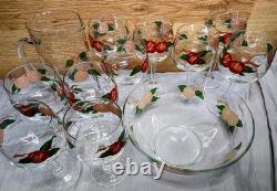 Vtg Franciscan Apple Punch Bowl Set 10 Glasses Pitcher Hand Painted Glassware